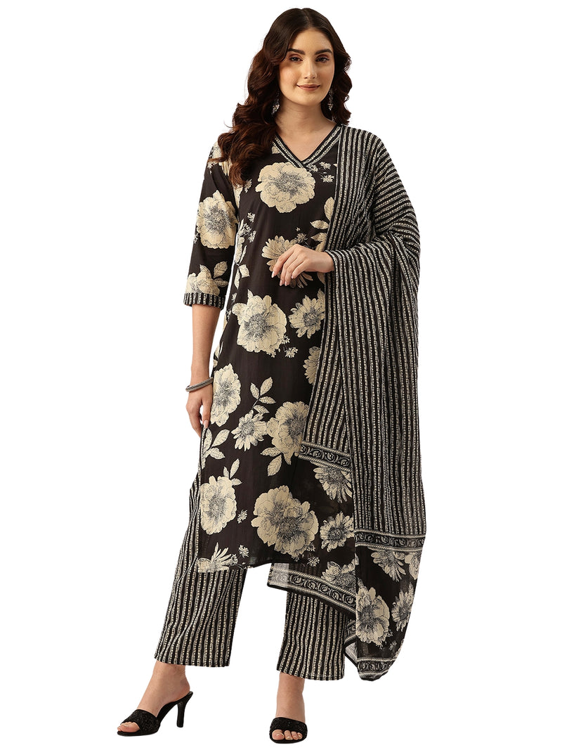 Bodered V-Neck 3-Piece Kurta Set with Ankle-Length Pants & Full-Length Dupatta (Size S-XXL).