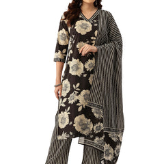 Bodered V-Neck 3-Piece Kurta Set with Ankle-Length Pants & Full-Length Dupatta (Size S-XXL).