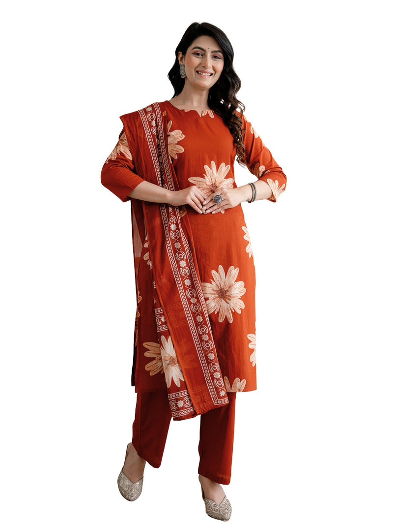 Printed Cotton Kurta Set with Ankle-Length Pants and Graceful Dupatta