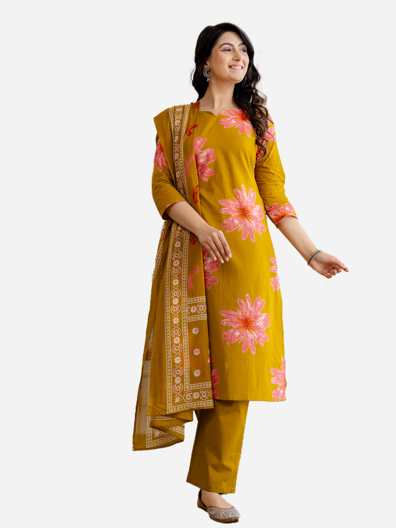 Printed Cotton Kurta Set with Ankle-Length Pants and Graceful Dupatta