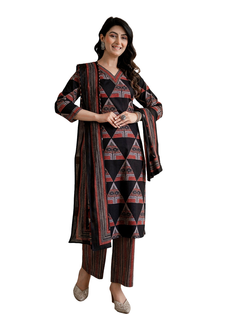 Bordered V-Neck 3-Piece Kurta Set with Ankle-Length Pants & Full-Length Dupatta (M–XXL)