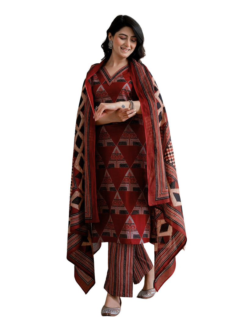 Bordered V-Neck 3-Piece Kurta Set with Ankle-Length Pants & Full-Length Dupatta (M–XXL)