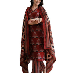 Bordered V-Neck 3-Piece Kurta Set with Ankle-Length Pants & Full-Length Dupatta (M–XXL)