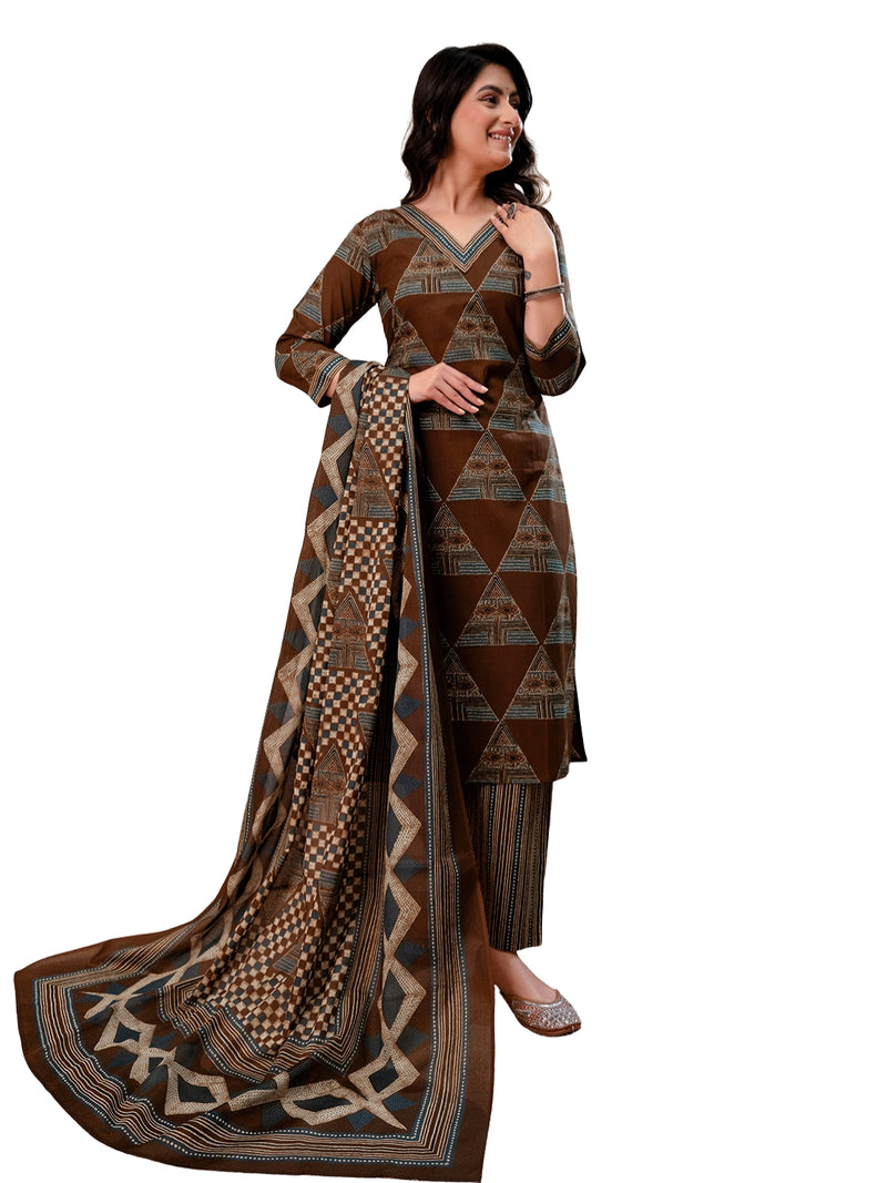 Bordered V-Neck 3-Piece Kurta Set with Ankle-Length Pants & Full-Length Dupatta (M–XXL)