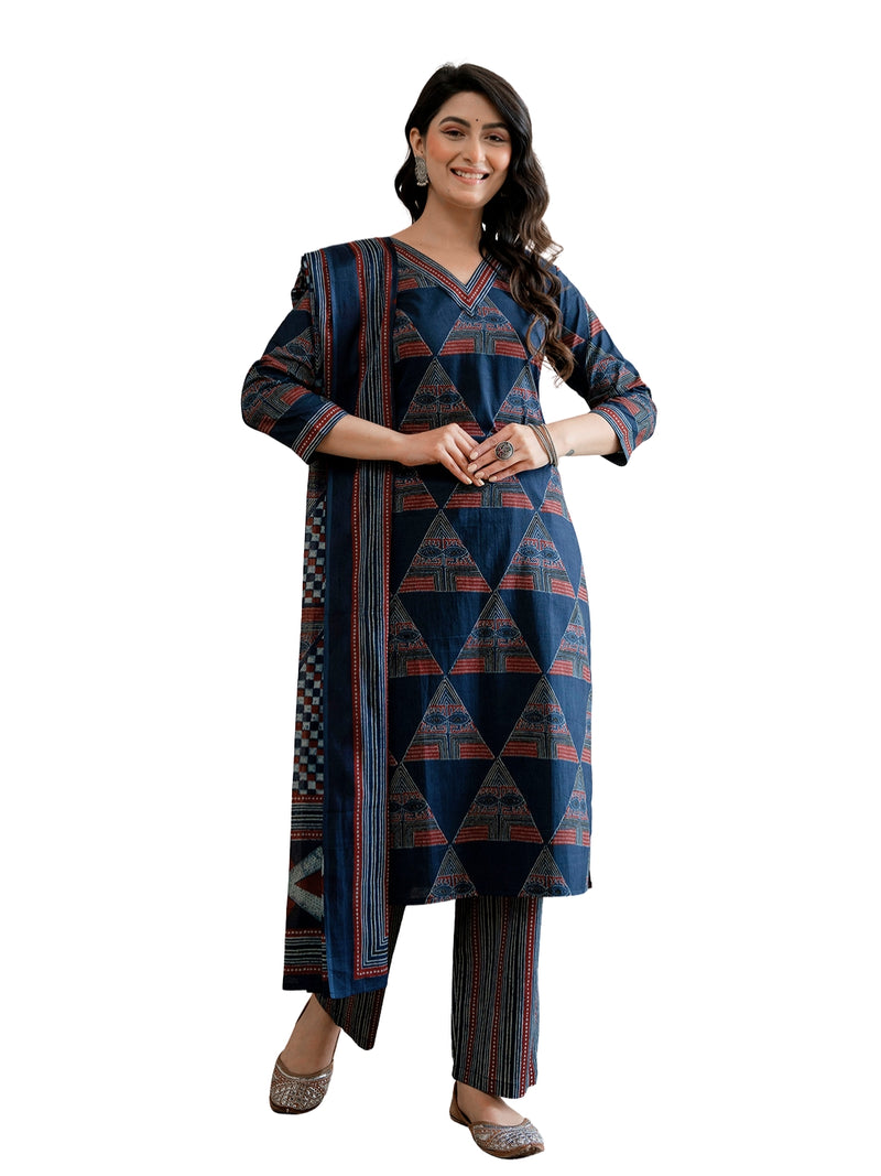 Bordered V-Neck 3-Piece Kurta Set with Ankle-Length Pants & Full-Length Dupatta (M–XXL)