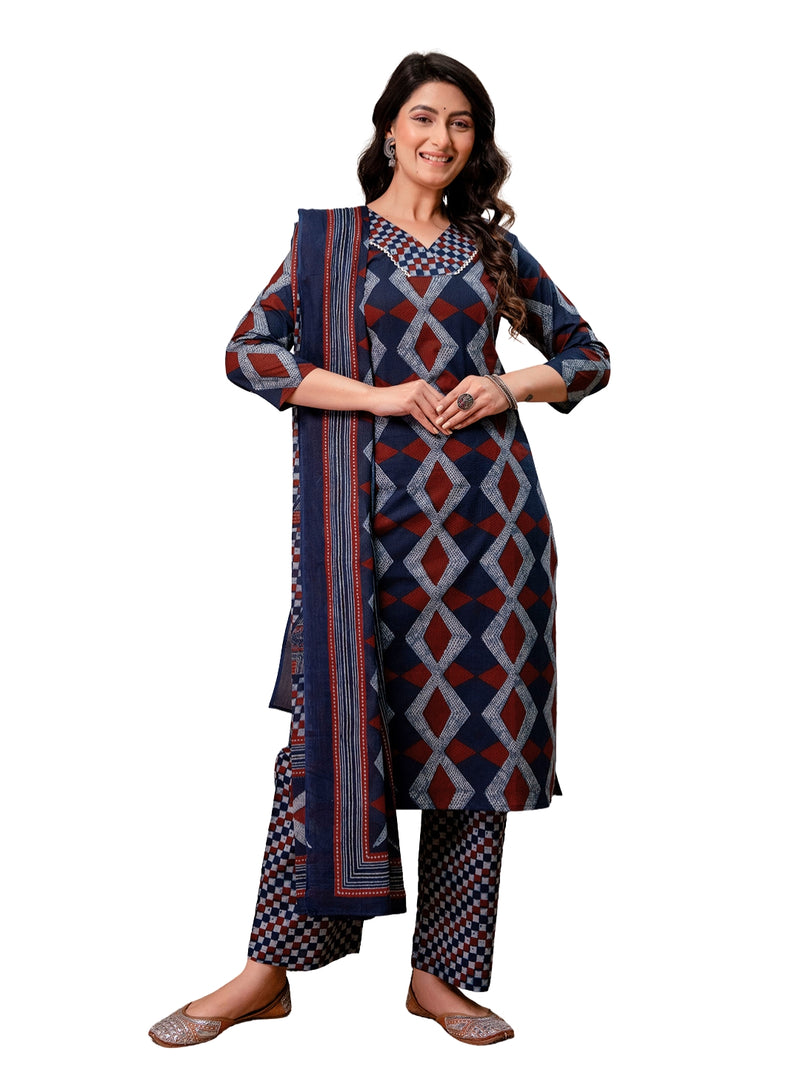 Bordered V-Neck 3-Piece Kurta Set with Ankle-Length Pants & Full-Length Dupatta (M–XXL)
