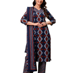 Bordered V-Neck 3-Piece Kurta Set with Ankle-Length Pants & Full-Length Dupatta (M–XXL)