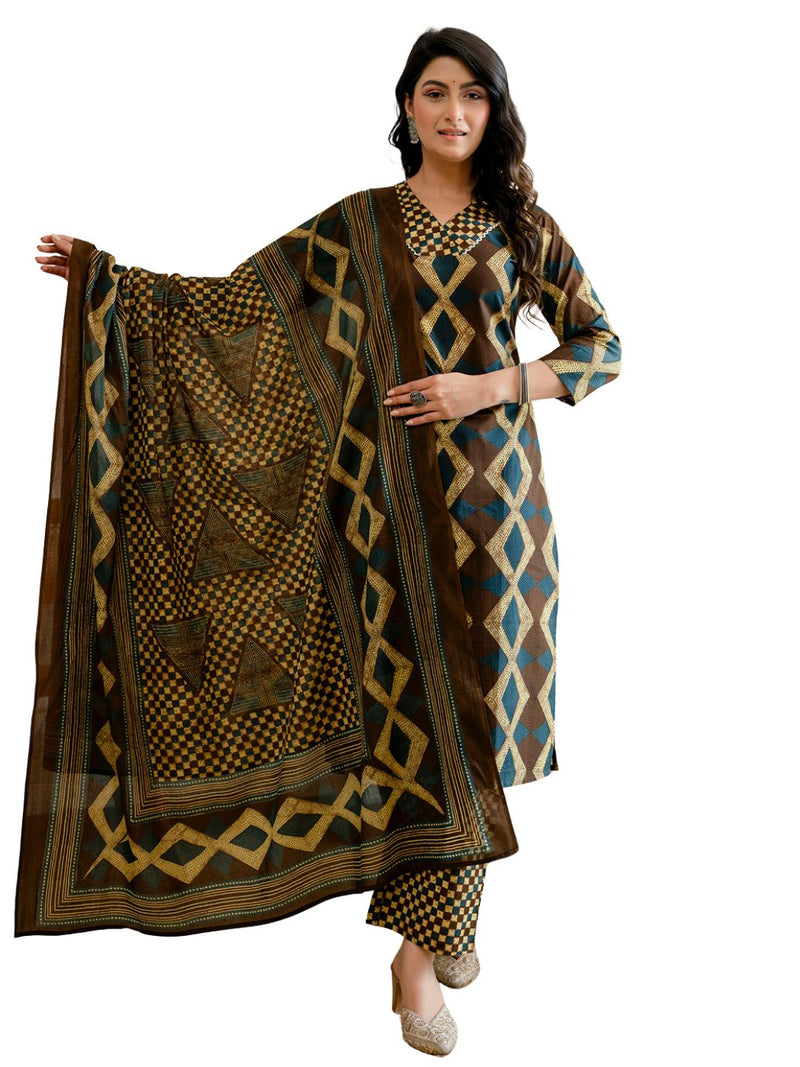 Bordered V-Neck 3-Piece Kurta Set with Ankle-Length Pants & Full-Length Dupatta (M–XXL)