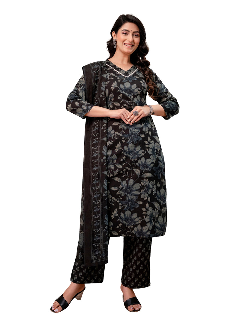 Printed Cotton Kurta Set with V-Neckline, Ankle-Length Pants and Graceful Dupatta