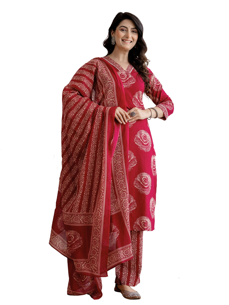 Bordered V-Neck 3-Piece Kurta Set with Ankle-Length Pants & Full-Length Dupatta (M–XXL)