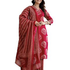 Bordered V-Neck 3-Piece Kurta Set with Ankle-Length Pants & Full-Length Dupatta (M–XXL)