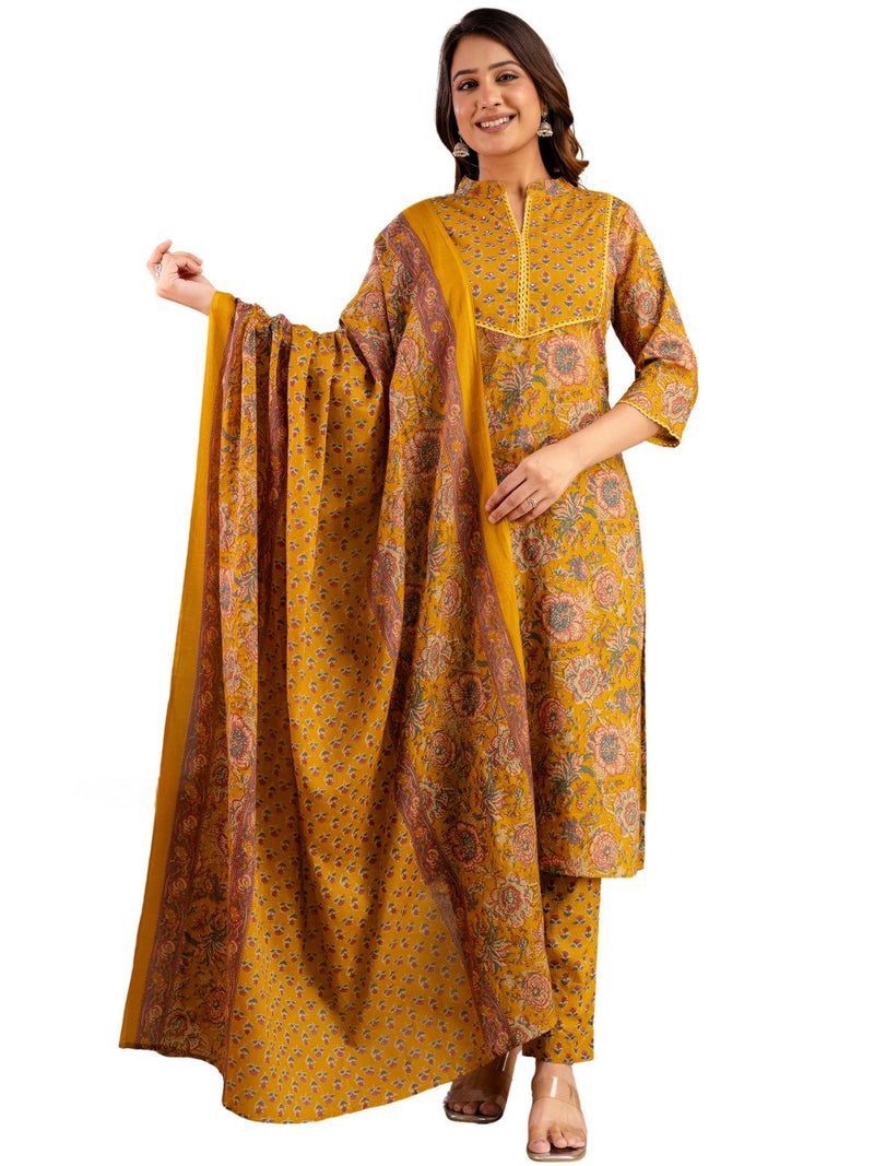 Pure Cotton Mustard Printed 3-Piece Kurta Set with Dupatta