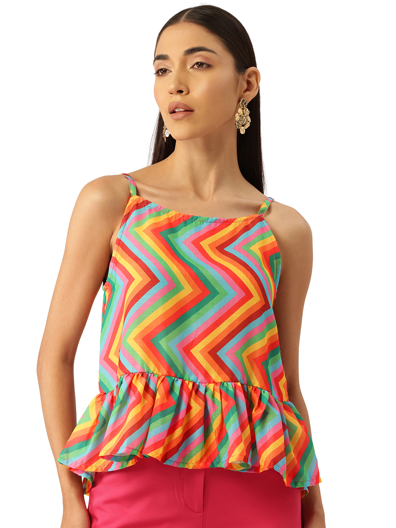 Cropped Sleeveless strap Peplum top with digital print on linen fabric.| Size- Small| Colour - Yellow, Orange, Red, Blue, Green