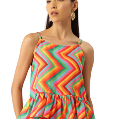 Cropped Sleeveless strap Peplum top with digital print on linen fabric.| Size- Small| Colour - Yellow, Orange, Red, Blue, Green