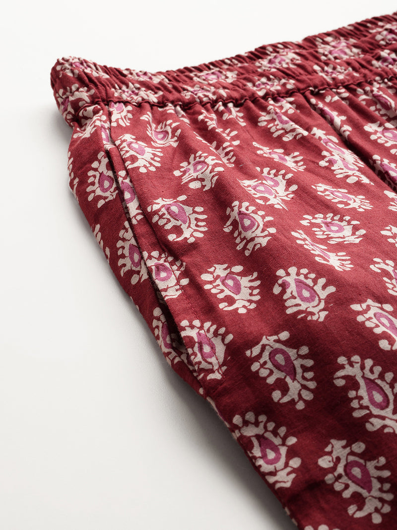 Maroon Women Pure Cotton Paisley Printed Palazzo Pants | Elastic Waist | Wide Leg