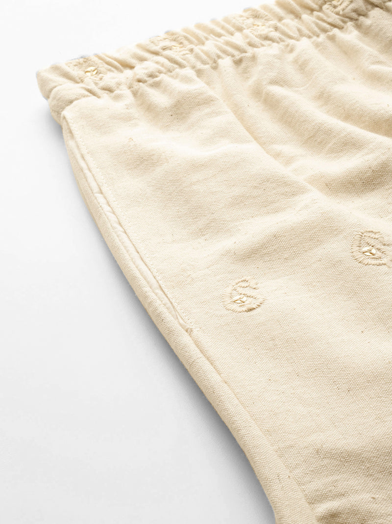 Beige Beige Palazzo|Embroidered, Flax Cotton, Sequin Detail, Ankle-Length, Single Pocket