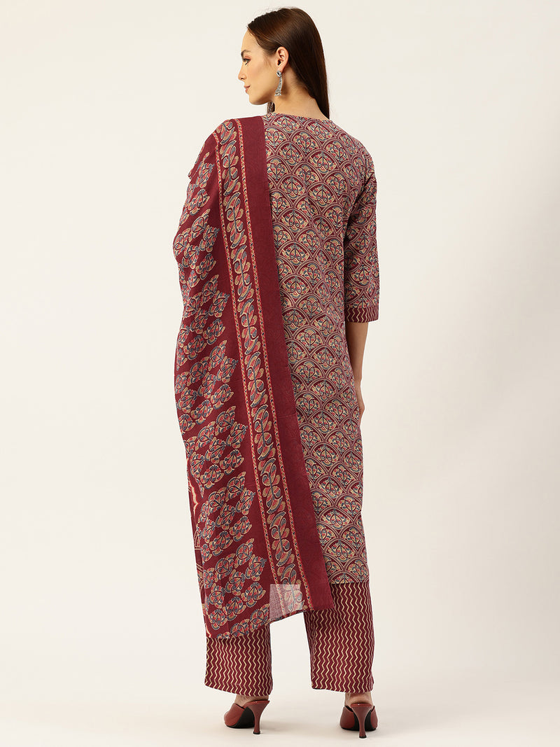 Round V-Cut Neck 3-Piece Kurta Set with Ankle-Length Pants & Full-Length Dupatta (Size S-XXL).