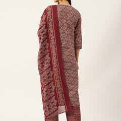 Round V-Cut Neck 3-Piece Kurta Set with Ankle-Length Pants & Full-Length Dupatta (Size S-XXL).