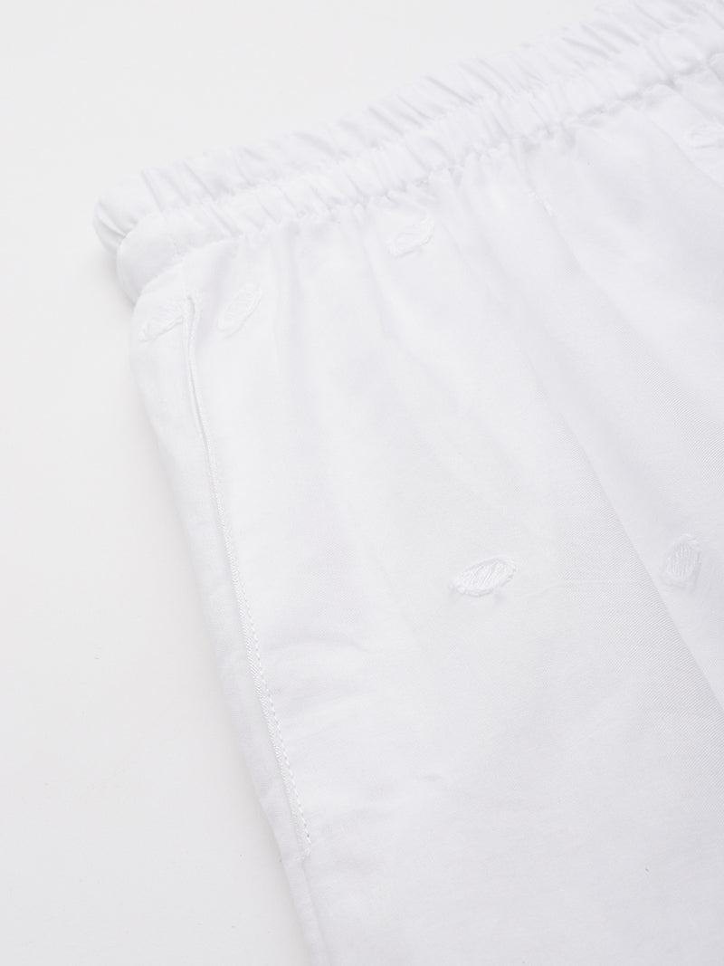White White Embroidered Cotton Palazzos–Elastic Waist & Ankle-Length with Side Pocket