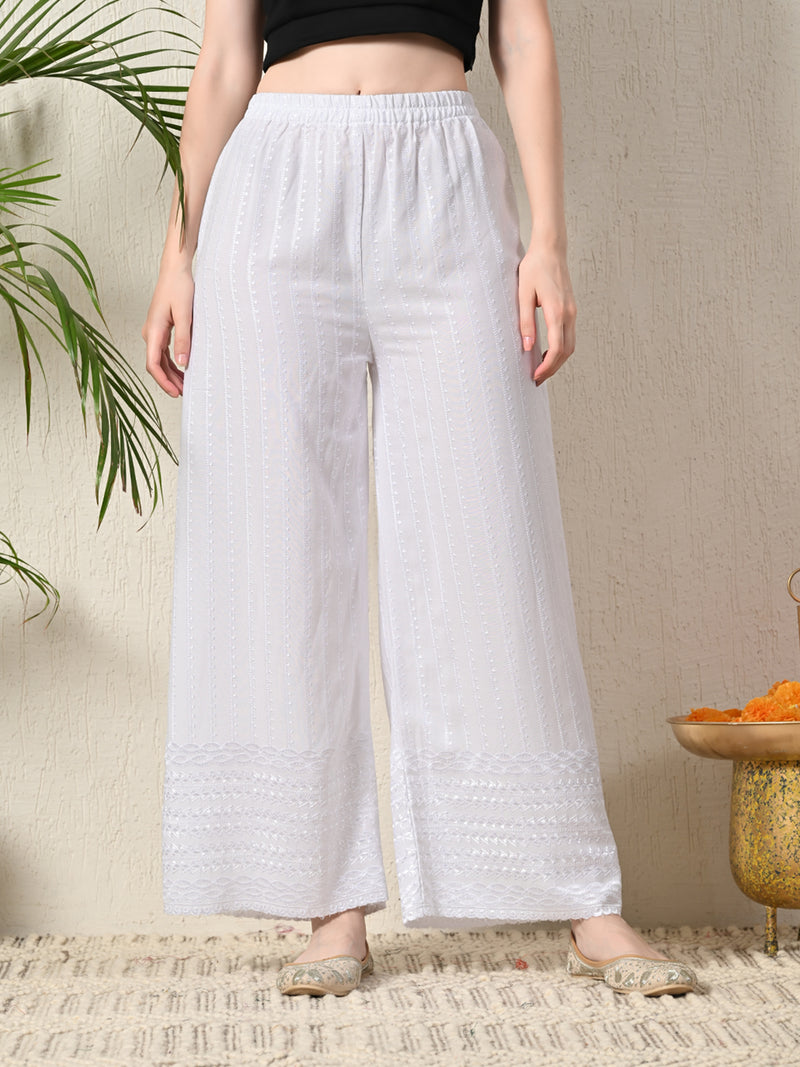 White White Embroidered Cotton Palazzos–Elastic Waist & Ankle-Length with Side Pocket
