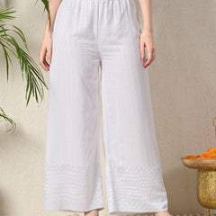 White White Embroidered Cotton Palazzos–Elastic Waist & Ankle-Length with Side Pocket