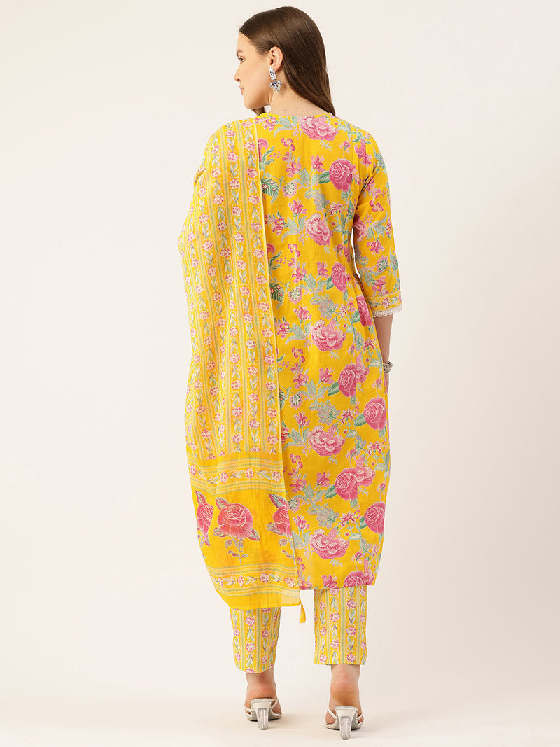 A-line Dupatta Sets - V-Neck, 3/4 Sleeves, Lace Work, Elastic Waistband Pants with Pockets & Full-Length Dupatta (M-XXL)