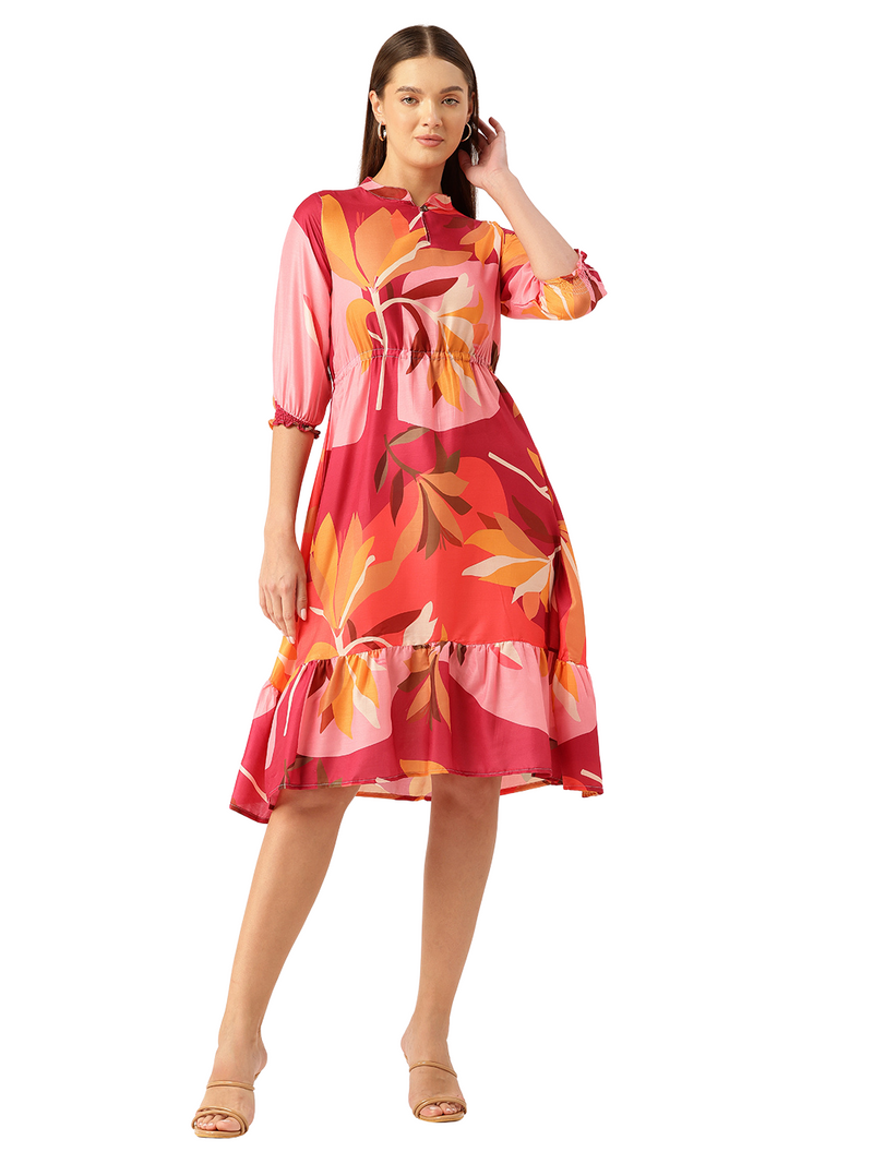 Women’s Multi-Color Muslin Floral Dress with Mandarin Collar & 3/4 Smocked Sleeves