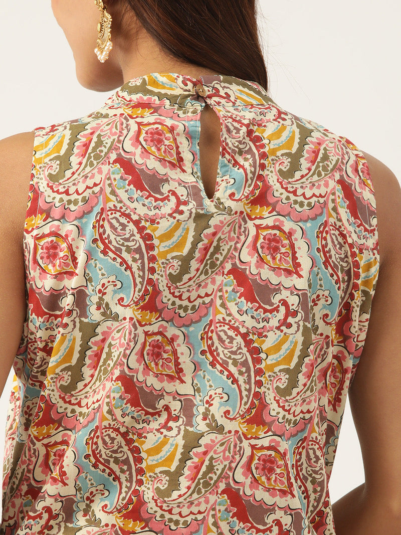 Cotton Printed Sleeveless Straight Long Kurti