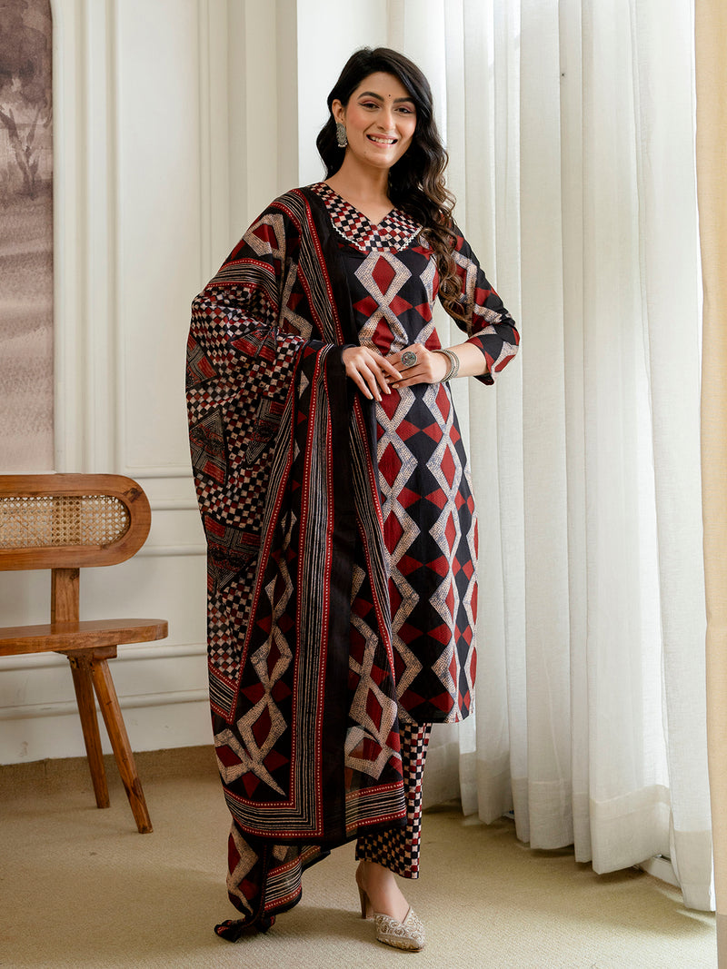 Bordered V-Neck 3-Piece Kurta Set with Ankle-Length Pants & Full-Length Dupatta (M–XXL)