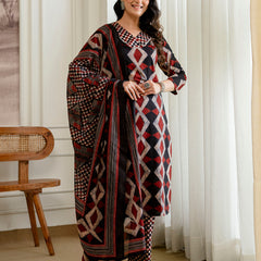 Bordered V-Neck 3-Piece Kurta Set with Ankle-Length Pants & Full-Length Dupatta (M–XXL)