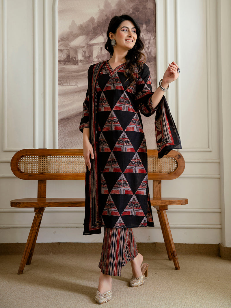 Bordered V-Neck 3-Piece Kurta Set with Ankle-Length Pants & Full-Length Dupatta (M–XXL)