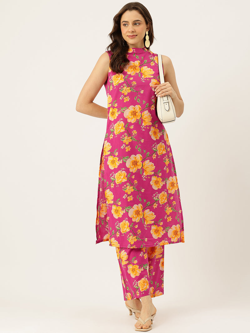 Floral Sleeveless Cotton Co-Ord Set with Choker Neckline – Pure Cotton | Sizes S–XXL