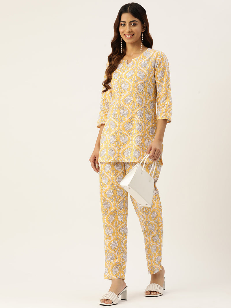 Yellow Printed Cotton Night Suit with V-Neck Kurti & Ankle-Length Pants