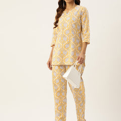 Yellow Printed Cotton Night Suit with V-Neck Kurti & Ankle-Length Pants