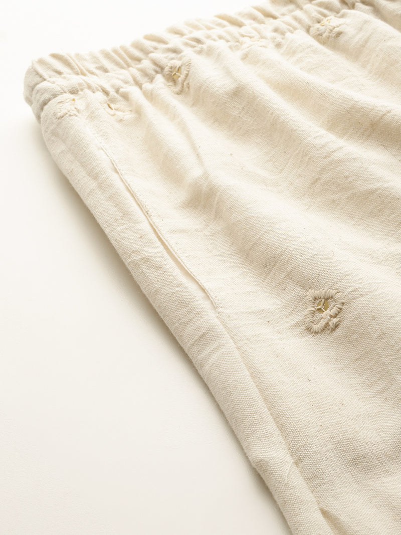 Beige Beige Palazzo|Embroidered, Flax Cotton, Sequin Detail, Ankle-Length, Single Pocket