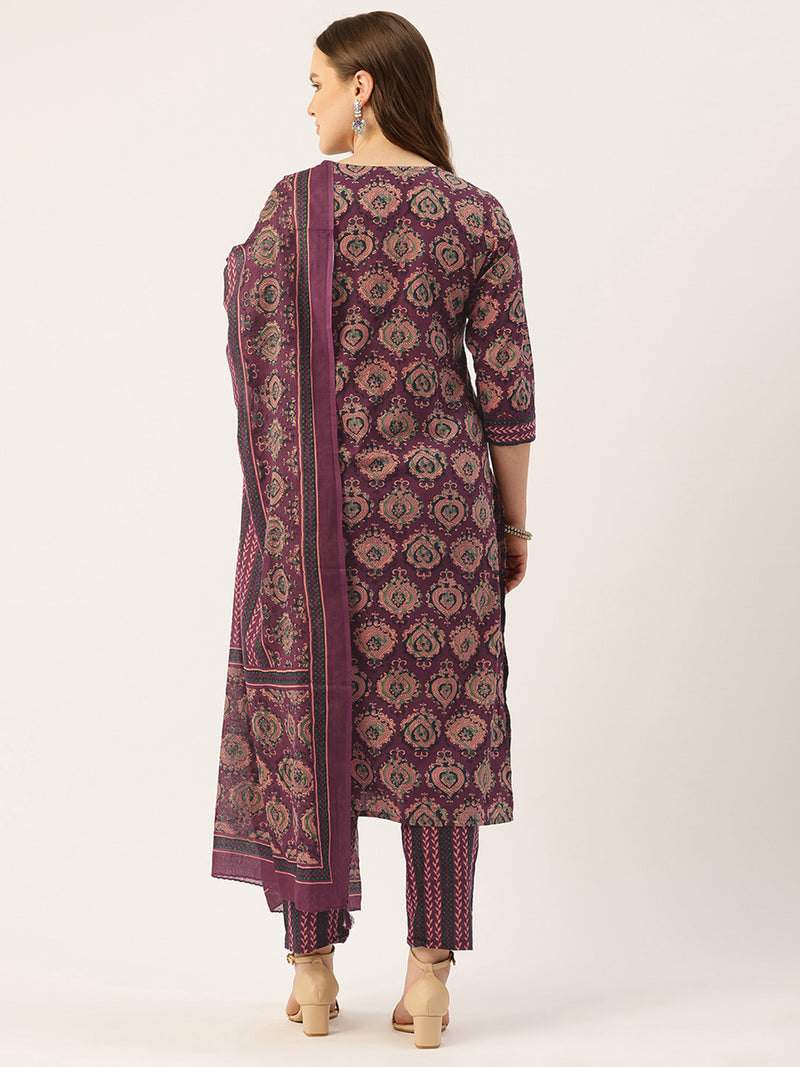 Straight Dupatta Sets - V-Neck, 3/4 Sleeves with Border Detailing, Elastic Waistband Pants with Pockets & Full-Length Dupatta (M-XXL)