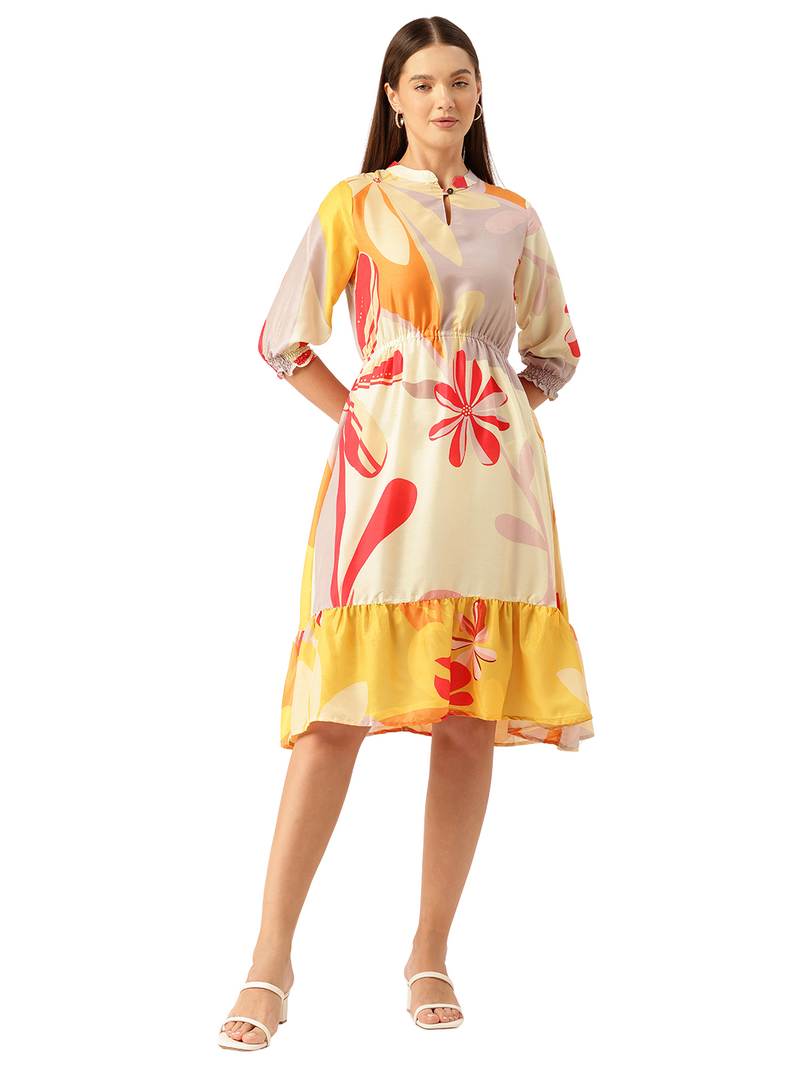 Women’s Multi-Color Muslin Floral Dress with Mandarin Collar & 3/4 Smocked Sleeves