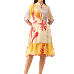 Women’s Multi-Color Muslin Floral Dress with Mandarin Collar & 3/4 Smocked Sleeves