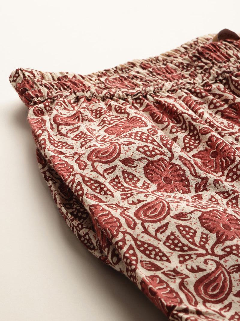 Red Women Pure Cotton Paisley Printed Palazzo Pants | Elastic Waist | Wide Leg