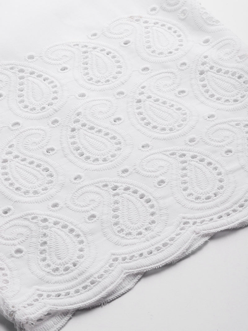 White Embroidered Palazzos–Fully Lined, Elastic Waist & Ankle-Length with Side Pocket