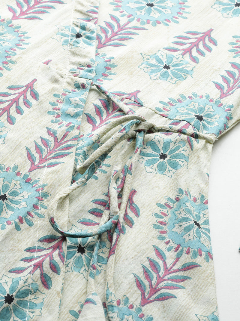 Floral Print Angrakha 3\4 Sleeves Flared Kurti