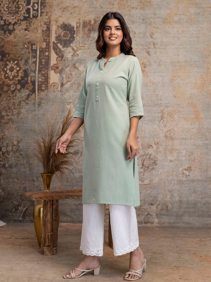 Women’s Solid Long Kurti with Mandarin Collar, 3/4 Sleeves & Pocket | Plain Elegant Cotton Kurta for Daily & Office Wear