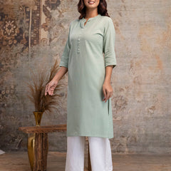 Women’s Solid Long Kurti with Mandarin Collar, 3/4 Sleeves & Pocket | Plain Elegant Cotton Kurta for Daily & Office Wear