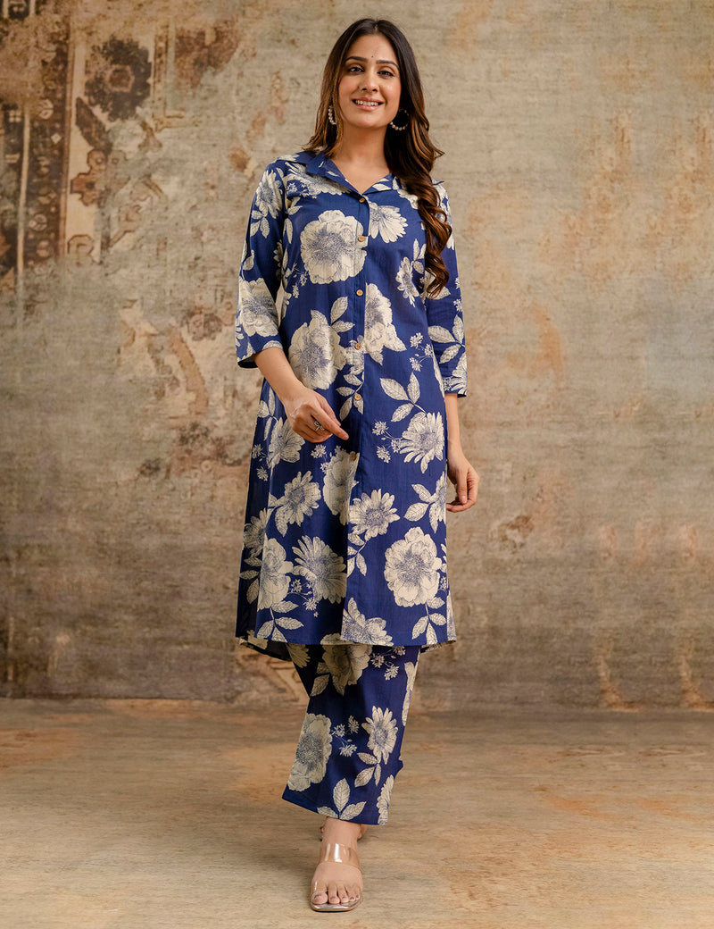 Blue Women’s Co-Ord Set–Printed Collared Kurta with 3/4 Sleeves & Elastic Waist Pants