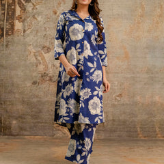 Blue Women’s Co-Ord Set–Printed Collared Kurta with 3/4 Sleeves & Elastic Waist Pants