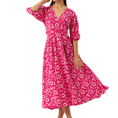 Women's Pure Cotton Floral Printed A-Line Gown with 3/4 Puff Sleeves & V-Neck