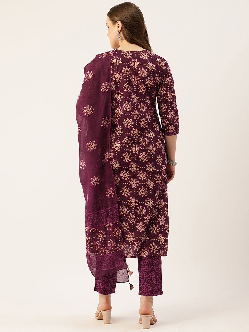 Straight Dupatta Sets - V-Neck, 3/4 Sleeves with Border Detailing, Elastic Waistband Pants with Pockets & Full-Length Dupatta (M-XXL)