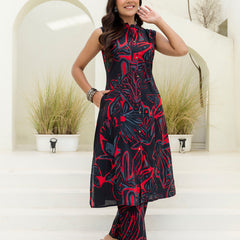 Luxury Mandarin Collar Printed Co-Ord Set with Button Detail A-Line Kurta & Comfort Fit Pants