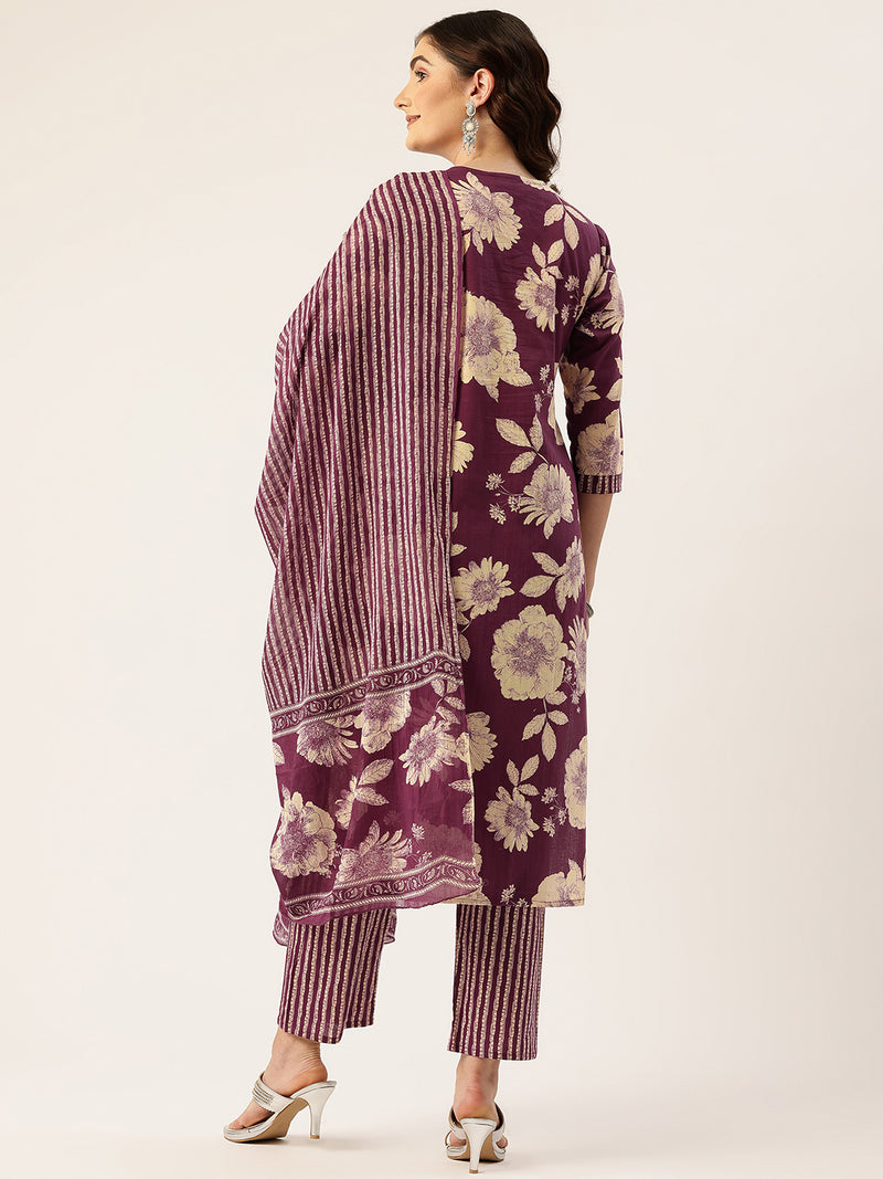 Bodered V-Neck 3-Piece Kurta Set with Ankle-Length Pants & Full-Length Dupatta (Size S-XXL).