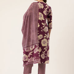 Bodered V-Neck 3-Piece Kurta Set with Ankle-Length Pants & Full-Length Dupatta (Size S-XXL).